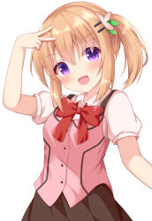 Rule 34 | 1girl, :d, arm up, black skirt, blush, bow, breasts, collared shirt, commentary request, dress shirt, gochuumon wa usagi desu ka?, hair between eyes, hair ornament, hairclip, head tilt, hoto cocoa, kedama (kedama akaza), light brown hair, looking at viewer, open mouth, pink vest, puffy short sleeves, puffy sleeves, purple eyes, rabbit house uniform, red bow, shirt, short sleeves, simple background, skirt, small breasts, smile, solo, twintails, uniform, v, v-shaped eyebrows, vest, waitress, white background, white shirt