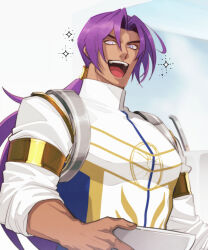 Rule 34 | 1boy, bhima (fate), bhima (second ascension) (fate), bowl, dark-skinned male, dark skin, fate/grand order, fate (series), highres, holding, holding bowl, long hair, lv1na ura, male focus, muscular, muscular male, ponytail, purple eyes, purple hair, simple background, sleeves rolled up, smile, upper body, white background