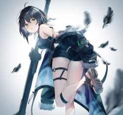 Rule 34 | 1girl, ahoge, arknights, bare shoulders, bent over, black feathers, black hair, blurry, blush, breasts, butasanp, commentary, cropped legs, depth of field, feathers, fur jacket, grey eyes, grey tank top, hair strand, jacket, la pluma (arknights), leg up, looking at viewer, looking back, medium breasts, mixed-language commentary, off shoulder, open clothes, open jacket, scythe, short hair, solo, solo focus, standing, standing on one leg, tank top, thigh strap, weapon, zipper