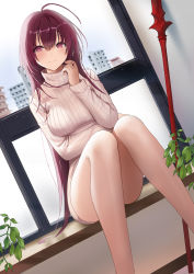 Rule 34 | 1girl, bare legs, breasts, cityscape, fate/grand order, fate (series), gae bolg (fate), hair intakes, indoors, large breasts, lloule, long hair, long sleeves, looking at viewer, naked sweater, plant, polearm, purple hair, red eyes, scathach (fate), scathach (fate), sitting, smile, solo, spear, sweater, weapon, window