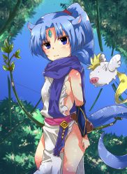 Rule 34 | 10s, 1girl, animal ears, blue eyes, blue hair, blush, bow, bracer, breasts, bush, china dress, chinese clothes, day, dog days, dress, forehead jewel, highres, jyuuji, matching hair/eyes, no bra, no panties, pig, plant, ponytail, quiver, sash, scarf, sharu (dog days), side slit, sideboob, sky, small breasts, solo, tabard, tail, tree, vines, wings