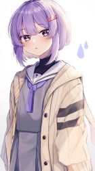 Rule 34 | 1girl, a.i. voice, absurdres, blush, cardigan, cowboy shot, grey shirt, grey skirt, hair ornament, hairclip, highres, long sleeves, looking at viewer, mochita mogu, open cardigan, open clothes, parted lips, purple eyes, purple hair, sailor collar, shirt, short hair, sidelocks, simple background, skirt, solo, voiceroid, water drop, white background, white sailor collar, yellow cardigan, yuzuki yukari, yuzuki yukari (shizuku)