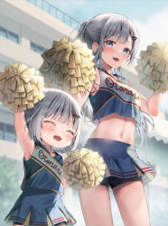 Rule 34 | 2girls, :d, ^ ^, arm up, bike shorts, black shorts, blue eyes, blue skirt, blue sky, blurry, blurry background, breasts, building, cat hair ornament, cheerleader, closed eyes, clothes writing, cloud, commentary request, crop top, day, depth of field, grey hair, hair ornament, hairclip, hands up, holding, long hair, midorikawa you, midriff, multiple girls, navel, open mouth, original, outdoors, pleated skirt, pom pom (cheerleading), ponytail, shirt, short shorts, shorts, shorts under skirt, siblings, sisters, skirt, sky, sleeveless, sleeveless shirt, small breasts, smile, very long hair