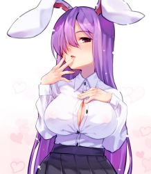 Rule 34 | 1girl, animal ears, black skirt, blush, breasts, rabbit ears, busujima funya, button gap, cleavage, collared shirt, commentary request, fingers to mouth, hair over one eye, hand on own chest, hand up, heart, heart background, large breasts, long hair, no bra, parted lips, partially unbuttoned, pleated skirt, purple hair, rabbit girl, red eyes, reisen udongein inaba, shirt, shirt tucked in, simple background, skirt, solo, touhou, very long hair, white shirt