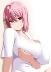 Rule 34 | 1girl, alternate costume, blush, breast hold, breasts, cleavage, collarbone, hair between eyes, highres, large breasts, looking at viewer, nori tamago, open mouth, pink hair, red eyes, saigyouji yuyuko, shirt, short hair, short sleeves, solo, touhou, upper body, white shirt