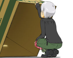 Rule 34 | 1girl, ass, boots, box, cardboard box, commentary request, highres, maria 1/2, metal gear (series), metal gear solid 4: guns of the patriots, pantyhose, short hair, shorts, side-tie shirt, silver hair, simple background, solo, striped clothes, striped legwear, striped pantyhose, sunny gurlukovich, white background