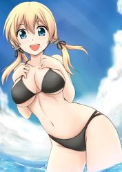 Rule 34 | 10s, 1girl, :d, anchor hair ornament, bikini, black bikini, blonde hair, blue sky, blush, breasts, cloud, day, female focus, fuuma nagi, hair ornament, kantai collection, large breasts, long hair, looking at viewer, open mouth, prinz eugen (kancolle), sky, smile, solo, swimsuit, twintails, underboob, wading, water