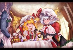Rule 34 | 3girls, ;d, absurdres, ascot, bat wings, blonde hair, blue hair, blush, border, braid, brooch, cake, capelet, castyx, chair, cup, curtains, dress, embellished costume, flandre scarlet, flower, food, fork, fruit, gloves, hair between eyes, hat, hat ribbon, highres, holding, indoors, izayoi sakuya, jewelry, letterboxed, long sleeves, looking at another, maid, maid headdress, mob cap, multiple girls, one eye closed, open mouth, plate, pointy ears, puffy sleeves, red eyes, red ribbon, remilia scarlet, ribbon, rose, short hair, short sleeves, siblings, silver hair, sisters, sitting, smile, strawberry, strawberry shortcake, table, tablecloth, teacup, tiered tray, touhou, twin braids, white headwear, window, wings