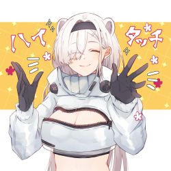 Rule 34 | 1girl, animal ears, arknights, aurora (arknights), bear ears, black gloves, breasts, cleavage, cleavage cutout, closed eyes, clothing cutout, crop top, gloves, hair over one eye, hairband, highres, kyouna, long hair, midriff, smile, solo, white hair, zipper
