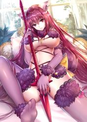 Rule 34 | 1girl, animal ears, bad id, bad pixiv id, breasts, cosplay, covering privates, covering crotch, closed eyes, fate/grand order, fate (series), feet, gae bolg (fate), gloves, highres, holding, holding weapon, large breasts, long hair, looking at viewer, mash kyrielight, mash kyrielight (dangerous beast), mash kyrielight (dangerous beast) (cosplay), meaomao, navel, no panties, official alternate costume, pillow, purple gloves, purple hair, purple thighhighs, red eyes, scathach (fate), solo, thighhighs, underboob, very long hair, weapon, wolf ears