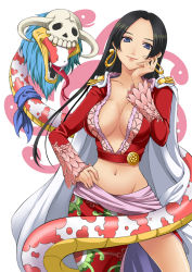 Rule 34 | 1girl, amazon lily, amazon warrior, artist request, black hair, blue eyes, boa hancock, breasts, cape, cleavage, earrings, epaulettes, female focus, groin, hand on own hip, highres, hip focus, jacket, jacket on shoulders, jewelry, large breasts, long hair, long skirt, long sleeves, midriff, navel, no bra, one piece, resized, salome (one piece), seven (11), side slit, skirt, skull, smile, snake, solo