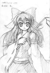 Rule 34 | 00s, 1girl, 2009, bow, colored pencil (medium), dated, detached sleeves, eyebrows, gohei, greyscale, hair bow, hair tubes, hakurei reimu, highres, japanese clothes, long hair, midriff, miko, monochrome, navel, royce foo, scan, sketch, smile, solo, touhou, traditional media, wide sleeves