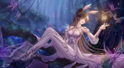 Rule 34 | 1girl, animal ears, branch, bug, bush, butterfly, cc miao, closed mouth, douluo dalu, fireflies, forest, full body, glowing, hair ornament, hand on own chest, high heels, highres, insect, light, looking to the side, nature, outstretched hand, rabbit ears, sitting, solo, thighhighs, tree, xiao wu (douluo dalu)