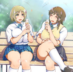 Rule 34 | +++, 10s, 2girls, :d, ^ ^, amagami, bench, black skirt, blue skirt, blush, breasts, breasts squeezed together, brown eyes, brown hair, closed eyes, crossed legs, crossover, curvy, deep skin, dress shirt, food, hair ornament, hair ribbon, hand on own knee, happy, holding, holding food, huge breasts, ice cream, ice cream cone, idolmaster, idolmaster cinderella girls, ikinari mojio, kneehighs, loafers, mimura kanako, multiple girls, musical note, neck ribbon, open mouth, pleated skirt, plump, quaver, ribbon, sakurai rihoko, school uniform, shirt, shoes, short hair, short sleeves, side-by-side, sitting, skirt, smile, socks, soft serve, sparkle, sweater vest, thick thighs, thighs, trait connection, uniform, white legwear, white shirt