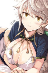 Rule 34 | 10s, 1girl, asymmetrical hair, blush, braid, breasts, cleavage, close-up, cloud print, colored eyelashes, crop top, crossed arms, jitome, kantai collection, large breasts, light smile, long hair, looking at viewer, lying, midriff, on stomach, silver hair, single braid, solo, tomozo kaoru, unryuu (kancolle), very long hair, yellow eyes