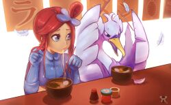 Rule 34 | 1girl, blue eyes, blue gloves, bowl, breasts, chopsticks, creature, creatures (company), crop top, eating, eyelashes, feathers, food, food stand, game freak, gen 5 pokemon, gloves, hair ornament, holding, holding chopsticks, large breasts, long hair, milkink, nintendo, noodles, open mouth, pokemon, pokemon (creature), pokemon bw, ramen, red hair, skyla (pokemon), swanna, table, udon, white background, white feathers, yatai