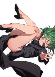 Rule 34 | 1girl, ass, black dress, blush, commentary, dress, dynamic pose, flipped hair, floating, floating clothes, fu-ta, green eyes, green hair, highres, impossible clothes, impossible dress, levitation, looking at viewer, no panties, one-punch man, pelvic curtain, simple background, skin tight, solo, tatsumaki, tight clothes, tight dress, white background
