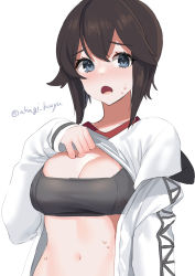 Rule 34 | 1girl, akagi kurage, black bra, black hair, bra, breasts, cleavage, clothes lift, commentary request, grey eyes, gym shirt, hayasui (kancolle), highres, jacket, kantai collection, large breasts, lifting own clothes, one-hour drawing challenge, shirt, shirt lift, short hair, simple background, solo, t-shirt, track jacket, twitter username, underwear, white background, white shirt