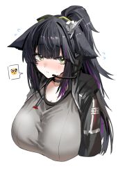 Rule 34 | 1girl, animal ears, arknights, black choker, black hair, black jacket, blush, breasts, cat ears, cat girl, choker, commentary request, ears down, flying sweatdrops, frown, green eyes, grey shirt, headphones, highres, horn/wood, jacket, jessica (arknights), large breasts, looking at viewer, microphone, multicolored hair, nose blush, open clothes, open jacket, ponytail, purple hair, shirt, solo, spoken emoji, streaked hair, sweat, upper body