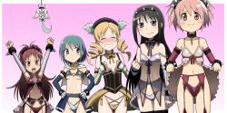 Rule 34 | 10s, 5girls, absurdres, adapted costume, akemi homura, angry, arms up, babydoll, ball gag, bare shoulders, bdsm, blonde hair, blue eyes, blue hair, bondage, bound, bracelet, breastless clothes, breasts, cape, closed eyes, collar, covering privates, covering breasts, cuffs, drill hair, elbow gloves, gag, gagged, garter belt, girdle, gloves, grin, hairband, half-skirt, hands on own hips, hat, highres, jewelry, kaname madoka, kyubey, lingerie, long hair, mahou shoujo madoka magica, mahou shoujo madoka magica (anime), matching outfits, medium breasts, miki sayaka, multiple girls, open mouth, panties, pink eyes, pink hair, red hair, revealing clothes, sakura kyoko, see-through, shibari, short hair, showgirl skirt, small breasts, smile, spiked bracelet, spiked collar, spikes, strap slip, takaya n, tomoe mami, twintails, underboob, underwear