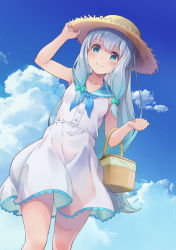 Rule 34 | 1girl, arm up, blue eyes, blush, bow, breasts, clenched hand, closed mouth, cloud, commentary request, day, dress, eromanga sensei, green bow, hair bow, hand on headwear, hat, highres, izumi sagiri, long hair, misashi (raichi821), outdoors, picnic basket, sailor collar, silver hair, sky, smile, solo, white dress