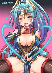 Rule 34 | 1girl, bad id, bad pixiv id, bare shoulders, between legs, blue eyes, blue hair, blush, breasts, cape, cleavage, covered erect nipples, elbow gloves, finger to mouth, fishnet thighhighs, fishnets, gloves, gluteal fold, hand between legs, hatsume (p&amp;d), headband, heart, heart-shaped pupils, horns, long hair, looking at viewer, m/, mashiro miru, matching hair/eyes, ponytail, puzzle &amp; dragons, sitting, smile, solo, spread legs, sweat, symbol-shaped pupils, thighhighs, twitter username, vambraces