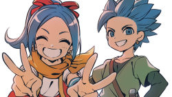 Rule 34 | 1boy, 1girl, ^ ^, asada hachi, blouse, blue eyes, blue hair, brother and sister, brown scarf, camus (dq11), closed eyes, collarbone, commentary, double v, dragon quest, dragon quest treasures, dragon quest xi, earrings, closed eyes, facing viewer, forehead, green shirt, grin, hair ribbon, happy, highres, jewelry, layered sleeves, long sleeves, looking at viewer, maya (dq11), open clothes, open vest, red ribbon, red vest, ribbon, scarf, shirt, short hair, short over long sleeves, short sleeves, siblings, simple background, smile, spiked hair, twitter username, upper body, v, vest, watermark, white background, white shirt, aged down