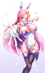 Rule 34 | absurdres, adapted costume, amanoru mozuku, animal ears, blue eyes, bow, bowtie, breasts, cleavage, commentary request, commission, covered navel, detached collar, feet out of frame, fishnet thighhighs, fishnets, foreshortening, gloves, gundam, gundam seed, hair ornament, highres, large breasts, leotard, long hair, meer campbell, multicolored leotard, one eye closed, pink hair, playboy bunny, purple bow, purple bowtie, rabbit ears, smile, star (symbol), star hair ornament, thighhighs, white gloves, white leotard