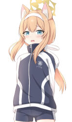 Rule 34 | 1girl, animal ear fluff, animal ears, arms behind back, black jacket, black shorts, blonde hair, blue archive, blue eyes, commentary request, hair between eyes, hair ribbon, hairband, halo, highres, jacket, looking at viewer, low ponytail, mari (blue archive), mari (track) (blue archive), open mouth, ponytail, ribbon, short shorts, shorts, sidelocks, simple background, solo, standing, takasuma hiro, track jacket, wavy hair, white background, white hairband, white ribbon