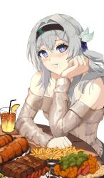 Rule 34 | 1girl, :t, absurdres, alternate costume, bare shoulders, black hairband, blush, commentary request, cup, drinking glass, drinking straw, firefly (honkai: star rail), food, french fries, fruit, grey hair, grey sweater, hairband, hand up, head rest, highres, honkai: star rail, honkai (series), kagurachi, lemon, lemon slice, long hair, long sleeves, looking at viewer, meat, off-shoulder sweater, off shoulder, purple eyes, simple background, solo, sweater, table, very long hair, white background