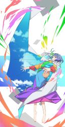 Rule 34 | 1girl, absurdres, blue eyes, blue hair, cape, cloak, dauchimk 1113, dress, hairband, highres, multicolored clothes, multicolored dress, multicolored hairband, patchwork clothes, rainbow gradient, red button, short hair, sky print, solo, tenkyuu chimata, touhou, two-sided cape, two-sided fabric, white cloak, zipper