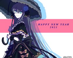 1girl absurdres arcaea black_hair eternalcompass happy_new_year highres holding holding_umbrella long_hair looking_at_viewer new_year parasol solo tairitsu_(arcaea) umbrella unfinished very_long_hair