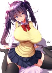 Rule 34 | 1girl, black hair, black thighhighs, blush, bow, breasts, chestnut mouth, head tilt, heart, highres, large breasts, long hair, looking at viewer, mokufuu, original, pillow, pleated skirt, purple eyes, red bow, shirt, signature, sitting, skirt, solo, sweater vest, thighhighs, twintails, wariza, white background, white shirt