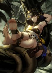 Rule 34 | 1girl, absurdres, arknights, arm strap, arm up, armpits, barefoot, black gloves, black hair, black scarf, blue nails, breasts, closed mouth, commentary request, eunectes (arknights), feet, foot focus, foreshortening, full body, gloves, goggles, goggles on head, grey eyes, hair ornament, highres, in tree, knee pads, looking at viewer, medium breasts, nail polish, outdoors, pointy ears, pouch, scarf, short hair, sitting, sitting in tree, snake tail, solo, tail, tail wrap, thigh pouch, toenail polish, toenails, toes, tree, xiaoshan jiang
