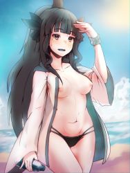 Rule 34 | absurdres, artemis of the blue, atelier live, beach, bikini, bikini bottom only, black eyes, black hair, bottle, breasts, breasts apart, coat, exhibitionism, highres, holding, holding bottle, huge filesize, medium breasts, navel, neroshi, nipples, ocean, open clothes, open coat, open mouth, public indecency, shark fin, shark girl, sharp teeth, solo, stomach, swimsuit, teeth, thighs, virtual youtuber, water bottle