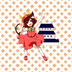 Rule 34 | 1girl, animal ears, arm up, bell, bow, brown eyes, brown hair, cat ears, cat girl, cat tail, chen, dearmybrothers, dress, female focus, hand fan, hat, highres, kneehighs, looking at viewer, multiple tails, open mouth, short hair, sleeveless, sleeveless dress, socks, solo, tail, touhou, white socks