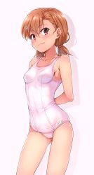 Rule 34 | 1girl, blush, breasts, brown eyes, brown hair, hair ornament, hairpin, isshi pyuma, looking at viewer, matching hair/eyes, misaka mikoto, name tag, old school swimsuit, one-piece swimsuit, school swimsuit, shadow, simple background, small breasts, smile, solo, standing, swimsuit, tan, toaru kagaku no railgun, toaru majutsu no index, twintails, white background, white school swimsuit, white one-piece swimsuit