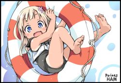 Rule 34 | 10s, 1girl, :d, artist name, bare shoulders, black border, blonde hair, blue eyes, blush, border, crop top, feet, flower, hair flower, hair ornament, ham (points), kantai collection, legs up, lifebuoy, long hair, looking at viewer, neckerchief, open mouth, polka dot, polka dot background, ro-500 (kancolle), sailor collar, smile, solo, swim ring, swimsuit, swimsuit under clothes, tan, tanline