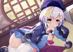 Rule 34 | 1girl, blue dress, blush, closed mouth, commentary request, cropped jacket, day, dress, dutch angle, genshin impact, hair ornament, hat, indoors, jacket, long sleeves, looking at viewer, lying, ofuda, on side, purple eyes, purple hair, purple hat, purple jacket, qingdai guanmao, qiqi (genshin impact), qunqing, round window, sleeves past wrists, solo, thighhighs, white thighhighs, wide sleeves, window, yin yang
