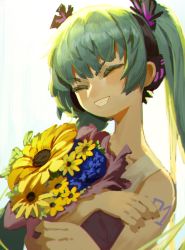 Rule 34 | 1girl, absurdres, aqua hair, bare shoulders, bouquet, closed eyes, collarbone, commentary, english commentary, flower, grin, hair ornament, happy, hatsune miku, headphones, headphones removed, highres, holding, holding bouquet, long hair, sidelocks, simple background, smile, solo, sunflower, tattoo, teeth, topdylan, twintails, upper body, v-shaped eyebrows, vocaloid, white background
