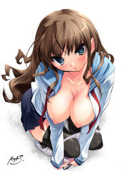Rule 34 | 1girl, :p, bad id, bad pixiv id, blue eyes, blush, breasts, brown hair, cleavage, game boy advance, handheld game console, hanging breasts, large breasts, long hair, nipples, open clothes, open shirt, panties, panty pull, puffy nipples, school uniform, shirt, skirt, solo, sorimura youji, squatting, thighhighs, tongue, tongue out, underwear