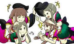 Rule 34 | !?, 2girls, ^ ^, black bow, black hat, black socks, blunt bangs, bow, breath, brown hair, closed eyes, dress, frills, girl on top, green dress, green eyes, grin, hand on another&#039;s head, hat, head rest, kneehighs, looking at another, lying, multiple girls, multiple views, nishida satono, on person, on stomach, open mouth, parted bangs, purple dress, purple eyes, red ribbon, ribbon, short sleeves, sideways, simple background, smile, socks, taeshiru, tate eboshi, teireida mai, touhou, upper body, v-shaped eyebrows, white background, yellow ribbon