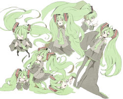 Rule 34 | abara heiki, blush, flat chest, green hair, hatsune miku, long hair, microphone, necktie, oversized clothes, pantyhose, skirt, smile, twintails, vocaloid, waving