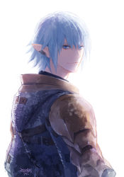 Rule 34 | 1boy, armor, blue eyes, blue hair, chest belt, commentary, dated, earclip, elezen, elf, final fantasy, final fantasy xiv, from behind, haurchefant greystone, looking at viewer, looking back, male focus, pauldrons, pointy ears, short hair, shoulder armor, signature, simple background, smile, solo, upper body, uroko (mnr), white background