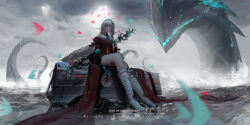 Rule 34 | 1girl, arknights, blue gloves, boots, character name, clothing cutout, cloud, cloudy sky, commentary request, dress, gloves, grey hair, highres, holding, holding staff, lemtun, long hair, looking at viewer, navel cutout, no headwear, outdoors, red dress, red eyes, sitting, skadi&#039;s seaborn (arknights), skadi (arknights), skadi the corrupting heart (arknights), sky, staff, very long hair, white footwear