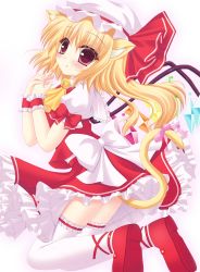 Rule 34 | 1girl, animal ears, bell, blonde hair, blush, cat ears, cat girl, cat tail, collar, dress, embodiment of scarlet devil, female focus, flandre scarlet, gradient background, hat, highres, kemonomimi mode, neck bell, red dress, red eyes, shimotsuki keisuke, side ponytail, solo, tail, thighhighs, touhou, white background, white thighhighs, wings, zettai ryouiki