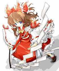 Rule 34 | 1girl, bad id, bad pixiv id, blue eyes, bow, brown hair, detached sleeves, gohei, hair bow, hair ornament, hair ribbon, hair tubes, hakurei reimu, highres, holding, japanese clothes, kotou (ko-tou), looking at viewer, miko, ribbon, simple background, smile, solo, touhou, white background, wind