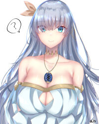 Rule 34 | 1girl, absurdres, anastasia (fate), bare shoulders, blue eyes, blush, breasts, closed mouth, fate/grand order, fate (series), hair ornament, highres, hitomin (ksws7544), jewelry, large breasts, long hair, looking at viewer, necklace, ribbon, smile, solo, very long hair, white background