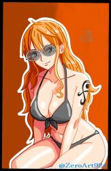 Rule 34 | 1girl, ahoge, arm tattoo, artist request, bare arms, bare legs, bare shoulders, bikini, black bikini, breasts, brown eyes, brown hair, cleavage, cowboy shot, curvy, earrings, highres, jewelry, large breasts, long hair, looking at viewer, nami (one piece), nami (one piece) (post-timeskip), navel, one piece, red background, shiny skin, smile, sunglasses, swimsuit, tattoo, thighs, thong, thong bikini, very long hair
