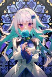 Rule 34 | 1girl, armband, blue flower, blue hair, blue rose, blunt bangs, colored inner hair, commentary, covering own mouth, flower, frilled sleeves, frills, highres, holding, holding flower, kutori pan&#039;ya, lize helesta, lize helesta (1st costume), long hair, multicolored hair, nijisanji, purple eyes, rose, solo, stained glass, symbol-only commentary, virtual youtuber, white hair